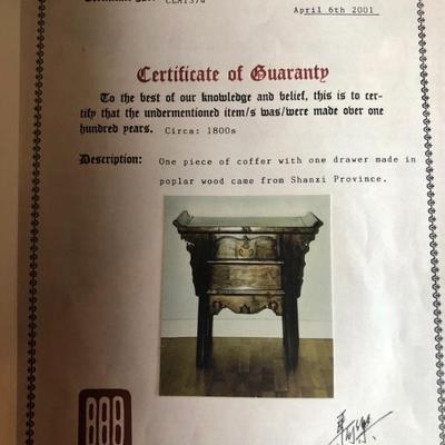 Certificate of Guaranty for One Drawer Coffer table.