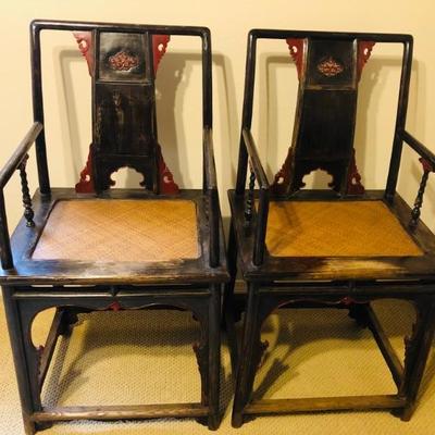 Antique pair of Official-Hat Armchairs with black and red lacquer finish made in elm from Shanxi Province, Circa 17th - 18th Century....