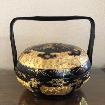 Chinese Single Tier Black Lacquered and Gilt Food Carrier/ Wedding Basket