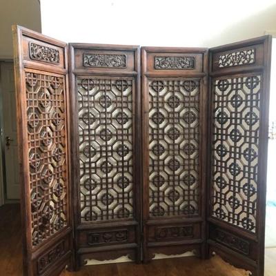 Antique 4 piece screen made in pine and poplar wood from Shanxi. Circa 1850  Each panel measures approx. 23.5 in W  x 76.5in H