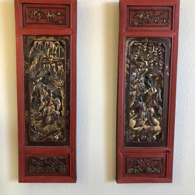 2 Antique Chinese carved panels made in Fir wood from Zhejiang province. Circa 19th century. Each Panel measures H: 36in | W: 11.1/2in