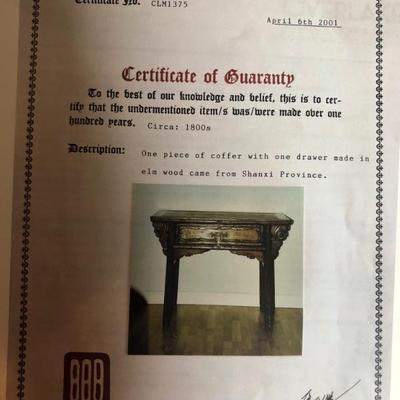 Certificate of Guaranty for Coffer side table.