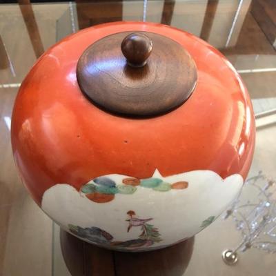 Vintage Hand painted Persimmon Ginger Jar with wooden replacement lid. Measurement without stand is approximately 9.1/2 in. H | Widest...