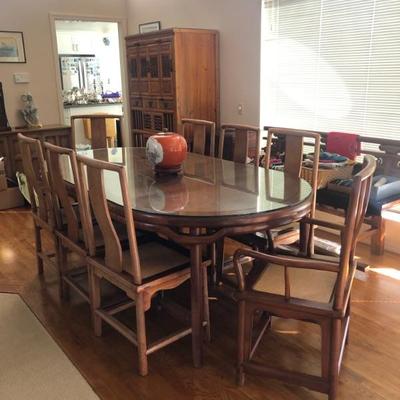 Chinese crafted mortice and tenon joinery Walnut wood Dining Table with 2 Leaves and  8 Dining Chairs.