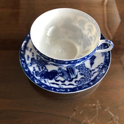 Japanese  Eggshell Blue and White tea cup and saucer with Geisha girl hologram