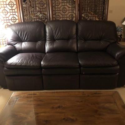 Leather Lazyboy Sofa with two reclining end seats. ( L: 86in | D: 38in | H: 40in )