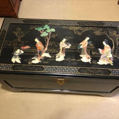 Vintage Hand Carved Black Lacquer Camphor Wood Wedding Trunk/Chest  L: 39.1/2in | D: 19.1/2in | H: 21.1/2in - showing  top of chest.