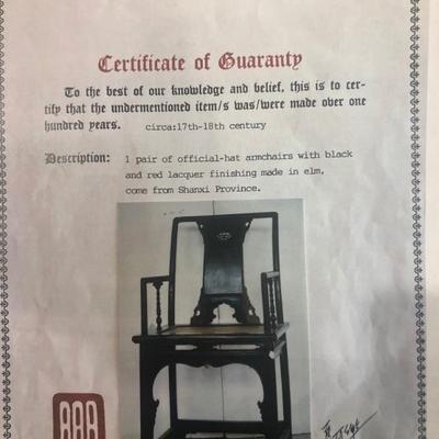 Certificate of Guaranty for Official-Hat Armchairs.