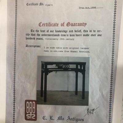 Certificate of Guaranty for 1 Piece Side Table