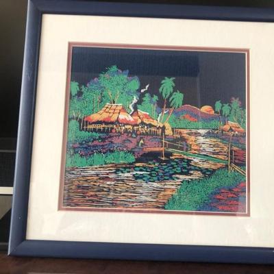 Framed Gouache Painting on Silk 15.3/8in x 14.3/8in