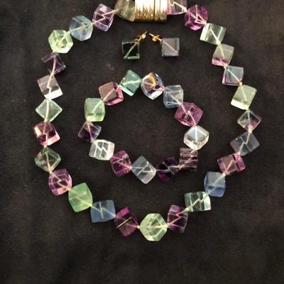 Fluorite  Cube Gemstone Choker, Earring, Bracelet Set