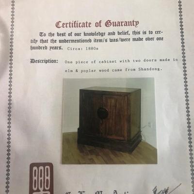 Certificate of Guaranty for antique Chinese cabinet.
