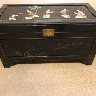 Vintage Hand Carved Black Lacquer Camphor Wood Wedding Trunk/Chest  L: 39.1/2in | D: 19.1/2in | H: 21.1/2in