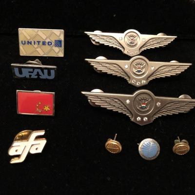 Wings with 4 and 5 stones, 1 United pin | Pan Am 10K earring studs and 1 Sterling blue enamel pin | afa - Association of Flight...