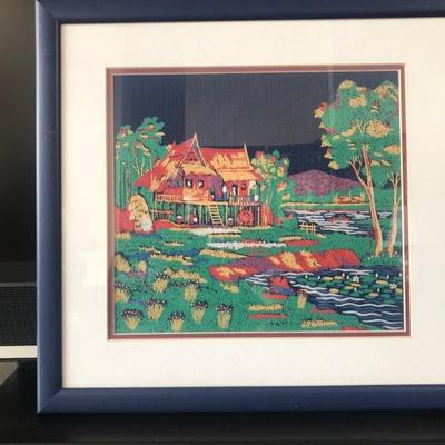 Framed Gouache Painting on Silk 15.3/8in x 14.3/8in