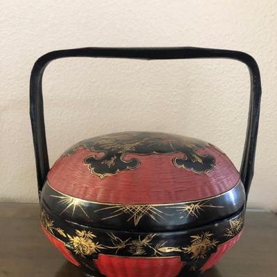 Chinese Single Tier Black Lacquered and Red Food Carrier/ Wedding Basket