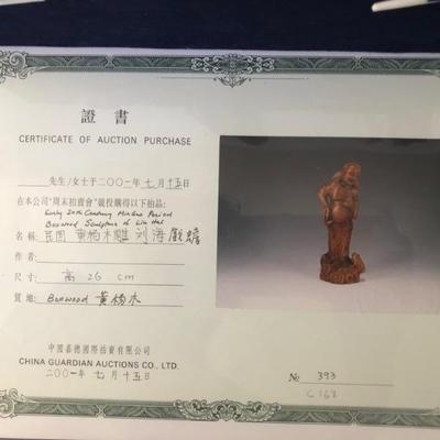 Liu Hai Statue Certificate of Auction Purchase