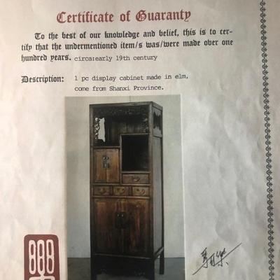 Certificate of Guaranty for 1 piece display cabinet 