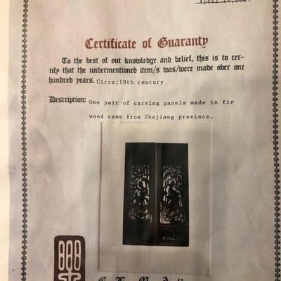 Certificate of Guaranty for Chinese carved panels