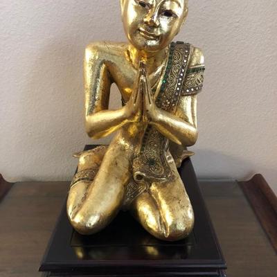 Vintage Praying Buddhist Monk with Rosewood Stand. Buddhist (H: 16.1/2 | D: 13.1/2in | W: 13in). Rosewood Stand (W: 11.1/4 | L: 17.1/4in...