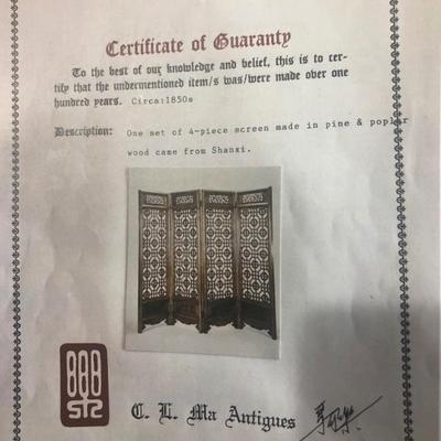 4 Piece Screen Certificate of Guaranty
