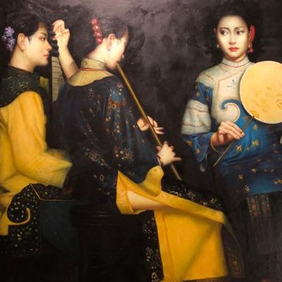 Chen Yifei Style  Oil on Canvas 'Three Shanghai Ladies Performing'  or 'Beautiful Musicians'  Framed art measures approx. 45in x 37.3/4in