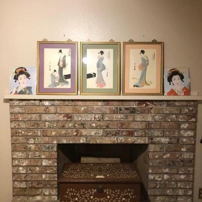 3 Japanese Geisha woodblock prints 20.1/4in x 15.1/4in. 2 Japanese Geisha Portrait prints. 10.3/4in x 9.1/2in 
