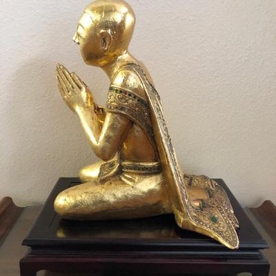 Vintage Praying Buddhist Monk with Rosewood Stand.  - opposite side view