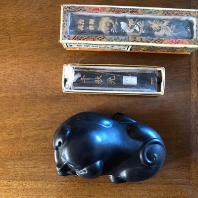 Chinese Calligraphy Painting Ink Plate Stone (dog design) with Ink Sticks