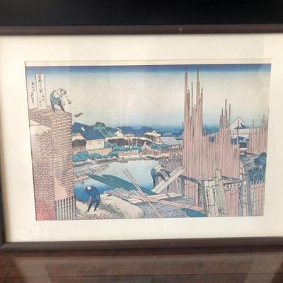 Woodblock print - Lumberyards on the Takekawa in Honjo.  Framed (L: 19.7/8in | H: 14in)