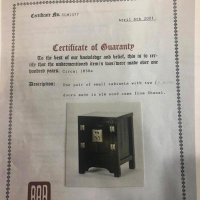 Certificate of Guaranty for the pair of Antique small cabinets/night stands
