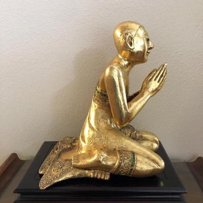 Vintage Praying Buddhist Monk with Rosewood Stand.  - Side view