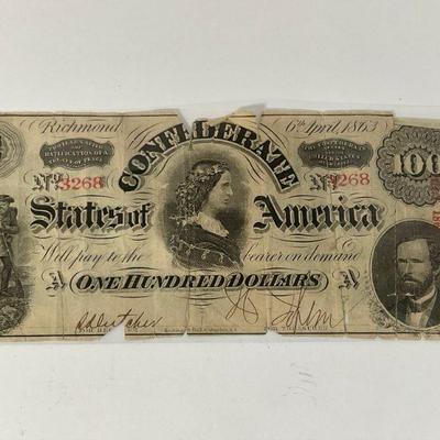 1863 Confederate $100 Note (Lucy Pickens)