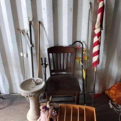 #12004 â€¢ Concrete Bird Bath, American Flag, Wooden Chair & More
