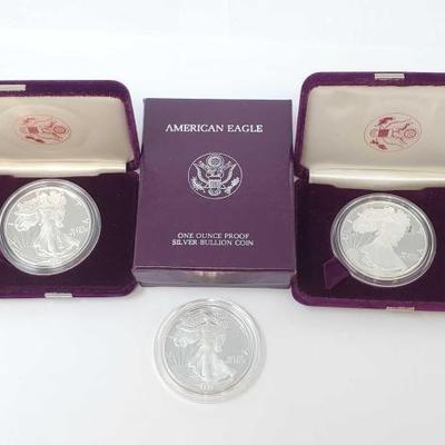 #1250 • (3) 1990-1992-S .999 Fine Silver American Eagle Dollars, .
