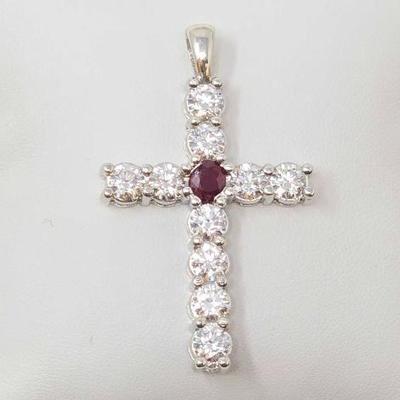#700 • 14K Gold Diamond & Ruby Cross Pendant, 11.47g
