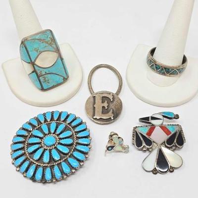 #904 â€¢ Sterling Native American Inlaid Pins & Rings, Wighs 93.58g

