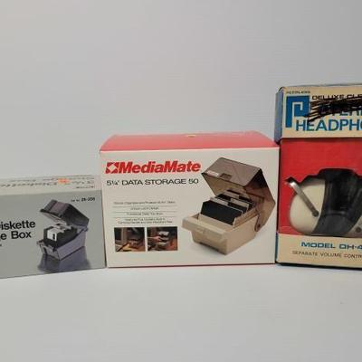 #4024 â€¢ (3) Diskette Storage Box and Headphones
