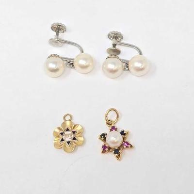 #744 â€¢ 14K Pearl Earrings & Ruby, Sapphire, Pearl Pendants. 5.08g
