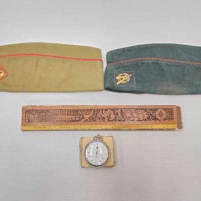 #1822 â€¢ Boy Scout Hats, Pocket Watch & Carved Wooden Ruler
