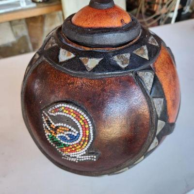 African Gourd Box.  Vintage Ashanti/Asante Calabash (gourd, metal, beads)  10 inches high