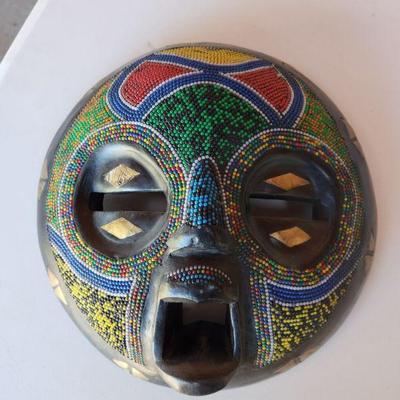 Luxe Beaded African Mask (wood, metal, beads)  11.5 inches round