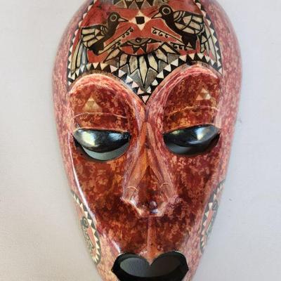 Malacca Malaysian Handcrafted Wooden Tribal Mask w/mother of Pearl inlay.  13 inches tall