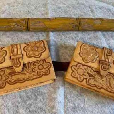 FTM095 Two Hand Tooled Leather Bags & Carved Stick