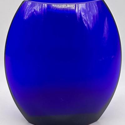 Modern Cobalt Blue Glass Flat Flower Vase