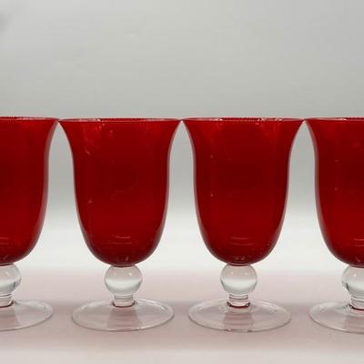 (4) Ruby Red Water Goblets w/ Clear Crystal Stems
