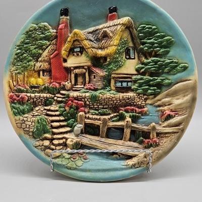 Handcrafted Clay Cottage Plate w/ Raised Image 1/2