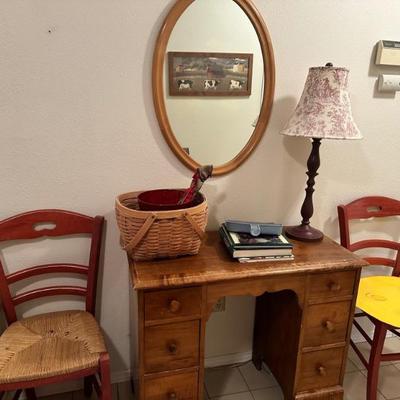 Vintage wood desk, side chairs, lamps, mirrors
