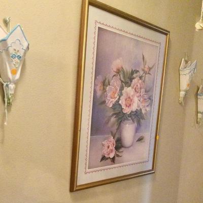 Wall pockets, framed floral picture