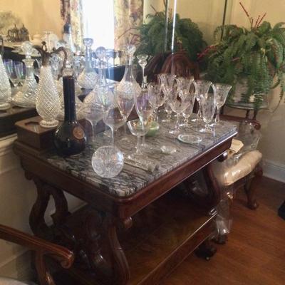 Marble topped server, decanters and etched stem ware
